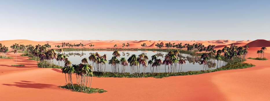 Computer-generated 3D illustration with an oasis in the desert