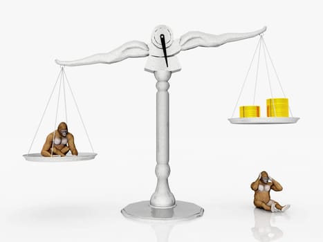 Computer-generated 3D illustration with gorilla and gold coins on a scale against a white background