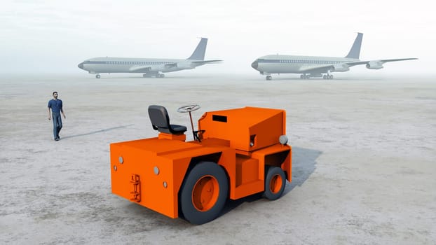 Computer-generated 3D illustration with a luggage tug in front of two passenger planes