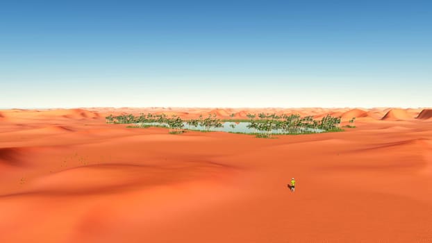 Computer-generated 3D illustration with an oasis in the desert