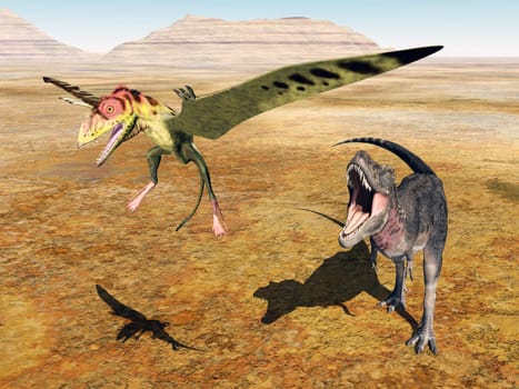 Computer-generated 3D illustration with the flying dinosaur Peteinosaurus and the dinosaur Tarbosaurus