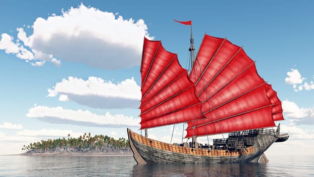 Computer-generated 3D illustration with a Chinese junk