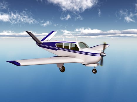 Computer-generated 3D illustration with a light aircraft over the sea