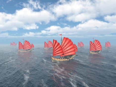 Computer-generated 3D illustration with a fleet of Chinese junks