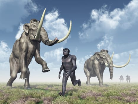 Computer-generated 3D illustration with Homo Habilis and mammoths. Homo Habilis is an extinct species in the genus Homo.