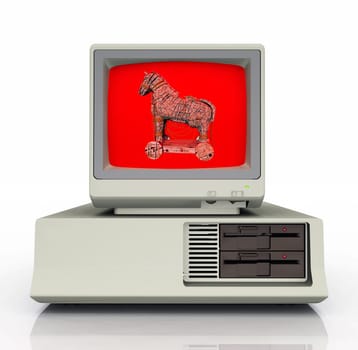 Computer-generated 3D illustration with a warning icon for the Trojan Horse computer program on a PC monitor