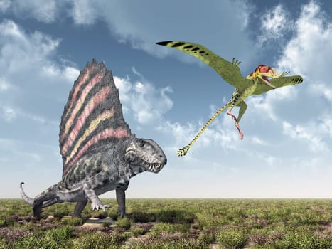 Computer-generated 3D illustration with the pelycosaur Dimetrodon and the flying dinosaur Peteinosaurus