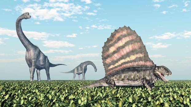Computer-generated 3D illustration with the dinosaur Brachiosaurus and the pelycosaur Dimetrodon