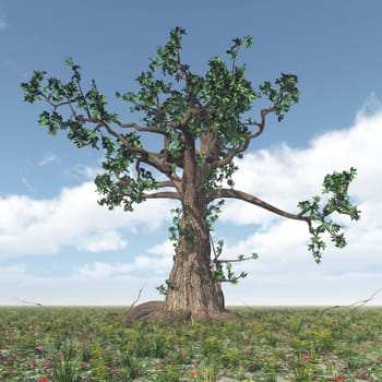 Computer-generated 3D illustration with a large gnarled tree