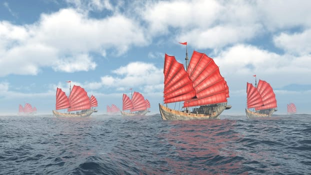 Computer-generated 3D illustration with a fleet of Chinese junks