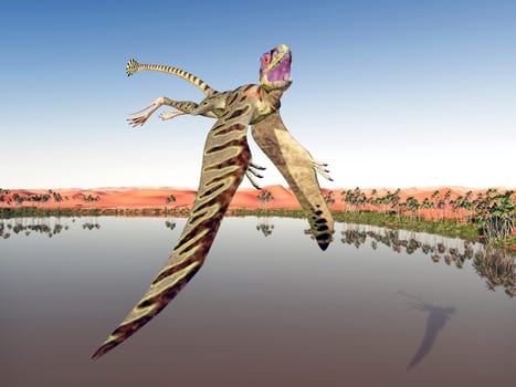 Computer-generated 3D illustration with the flying dinosaur Peteinosaurus over a water oasis