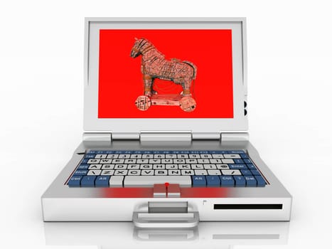 Computer-generated 3D illustration with a warning icon for the computer program Trojan Horse on a laptop screen