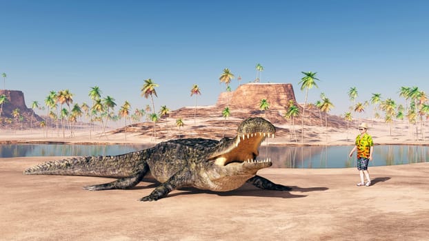 Computer-generated 3D illustration with the prehistoric crocodile Sarcosuchus and a tourist