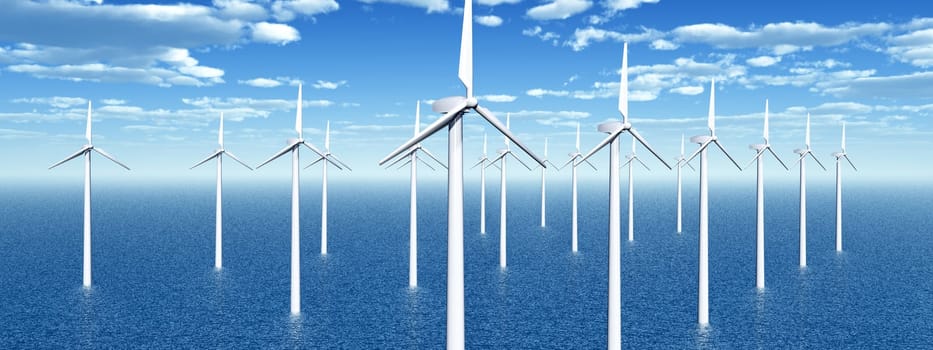 Computer-generated 3D illustration with a wind turbine in the sea