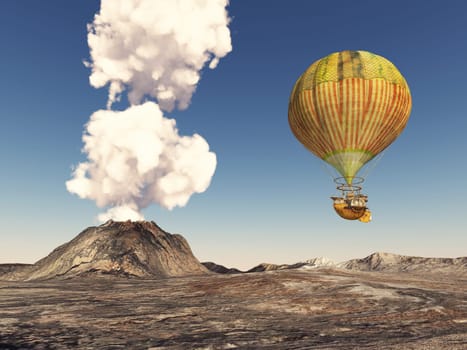 Computer-generated 3D illustration with a fantasy hot air balloon over a volcanic landscape
