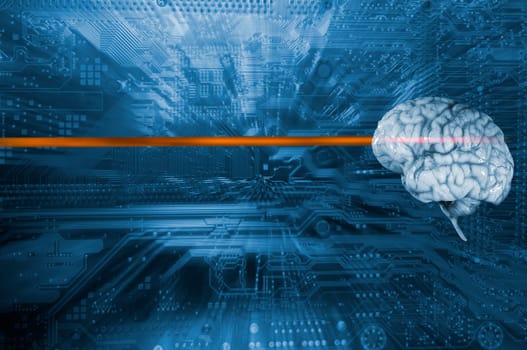 Human brain and communication, computers motherboard, inpulses via microchips, artificial-intelligence. slight zoom effect on background