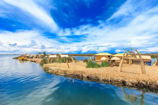Totora boat on the Titicaca lake near Puno, Peru
