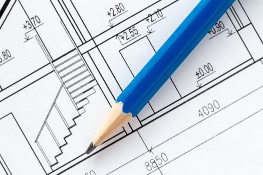 Engineering and architecture drawings with blue pencil