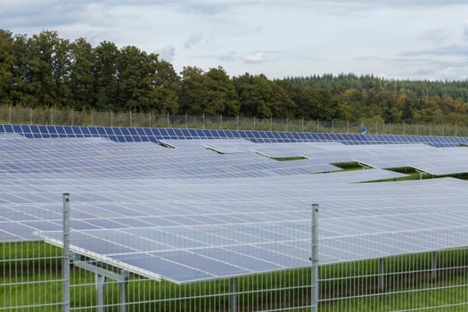 Solar cells in a solar park on green meadow for electricity generation