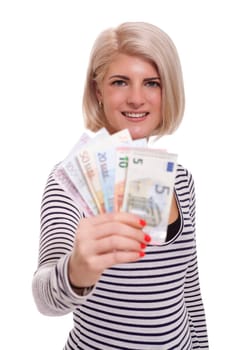attractive young woman with banknotes euro in hand isolated against white background