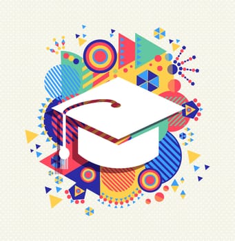 College graduation cap icon, school education concept design with colorful geometry element background. EPS10 vector.