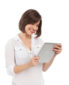 Young woman surfing on the web with a digital tablet, isolated on white