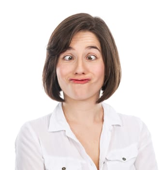 Portrait of a funny girl having a funny face, isolated on white