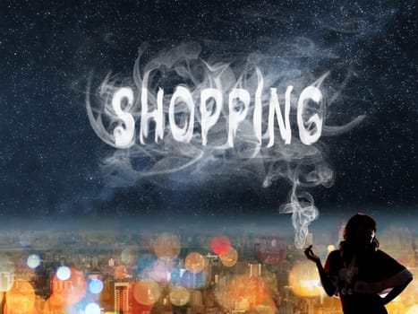 Christmas concept of lady with smoke text in the city night.