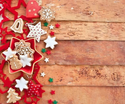 Placeand Christmas decoration on background of rustic bark