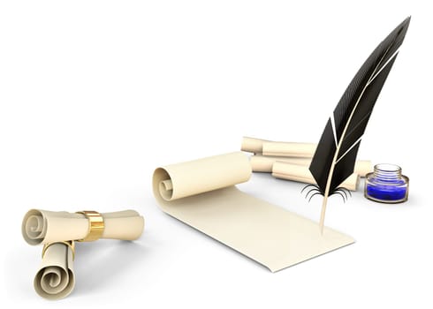 old-fashioned feather with ink and blank scrolls for writing business correspondence letters at old times