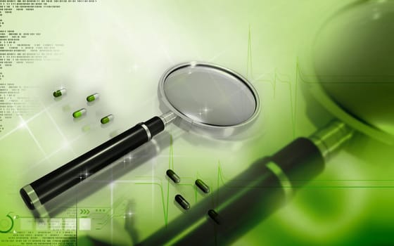 Digital illustration of a magnifying glass in colour background