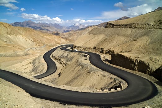 The new road in the Himalayas mountains  (Leh-Kargil road, India)