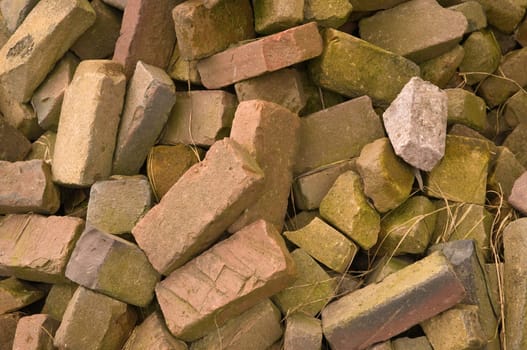 a close up of an old pile of bricks