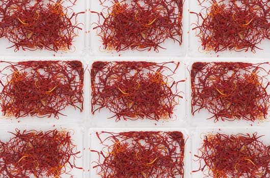 6 little plastic boxes of spanish Saffron Isolated on white background