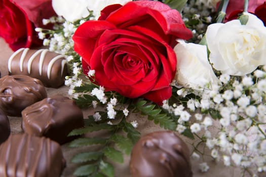 A vibrant red rose and chocolate candies to say "I Love You"""