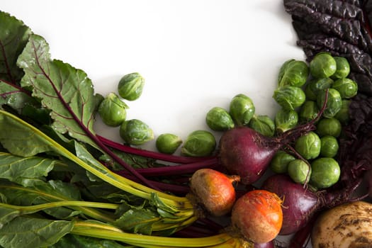 A collection of winter vegetables including beets, brussels sprouts, chard and rutabaga, with copy space