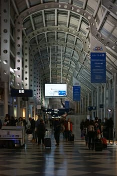 Chicago,United States - December 21,2015: The transit area and departure terminals B at Chicago's O'Hare International Airport on December 21,2015 in Chicago.