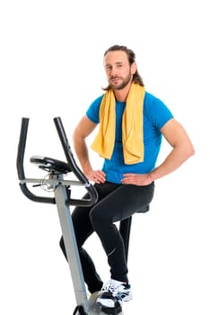 young man in blue shirt train with fitness machine