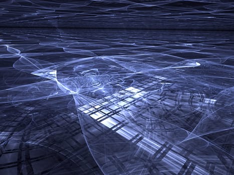 Abstract computer-generated image blue surface with horizon, perspective, waves and light effects