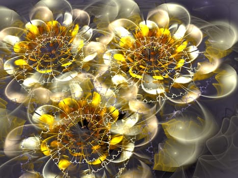 Abstract computer-generated image three white and yellow beautiful glossy flowers