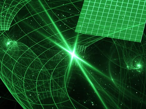 Abstract computer-generated green on black image space or technology subjects. Ideal for wallpapers or backgrounds