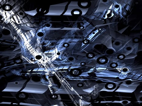 Abstract computer-generated image futuristic design of the tubes with grids, holes light effects