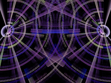 Abstract digitally generated image of two crossing textured disks on a dark background
