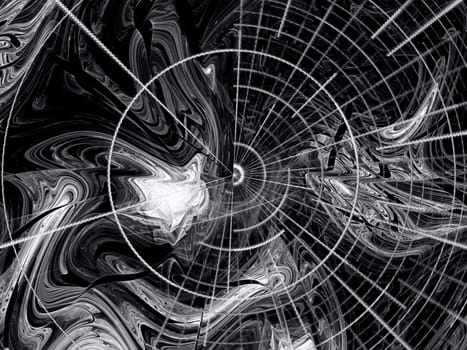 Abstract computer-generated black and white image futuristic background with disk and grid