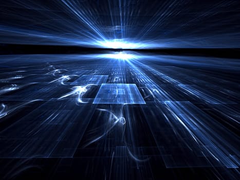 Abstract computer-generated image blue technology backdrop witn rectangle grid, waves, perspective, light effects