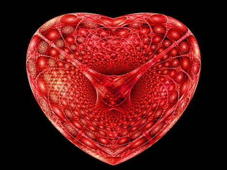 Abstract computer-generated image red textired heart on a black background