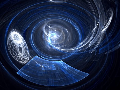 Abstract computer-generated blue image circles and curves, like a futuristic tunnel with bright flashes of light