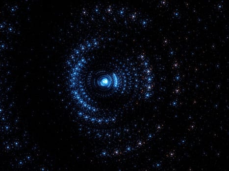 Abstract computer-generated image consisting of a circle of glowing dots on a black background