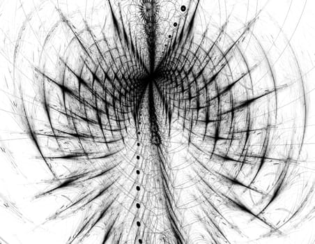 Abstract computer-generated black and white image ribbed tunnel like careless pencil sketch