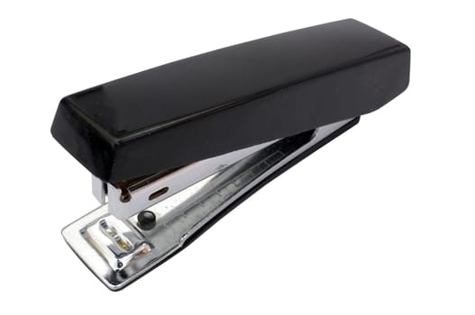 Black stapler stationary on white background